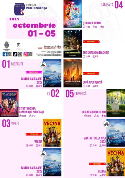 Programul săptămânal al Cinematografului Independența cu premiere captivante